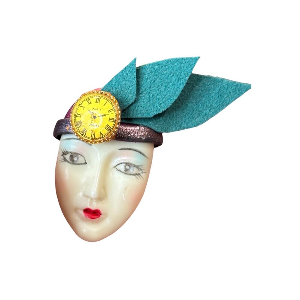 Vintage Lady Face Clock Hat Brooch Signed Artisan Mixed Media Surreal Figural